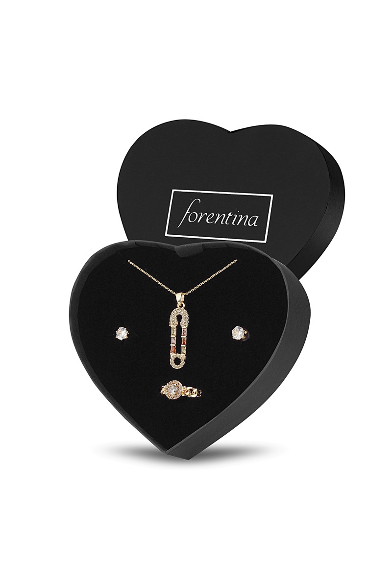 Forentina Altın Kaplama Zİrkon Taşlı Kolye Küpe Yüzük Takı Seti PS2402