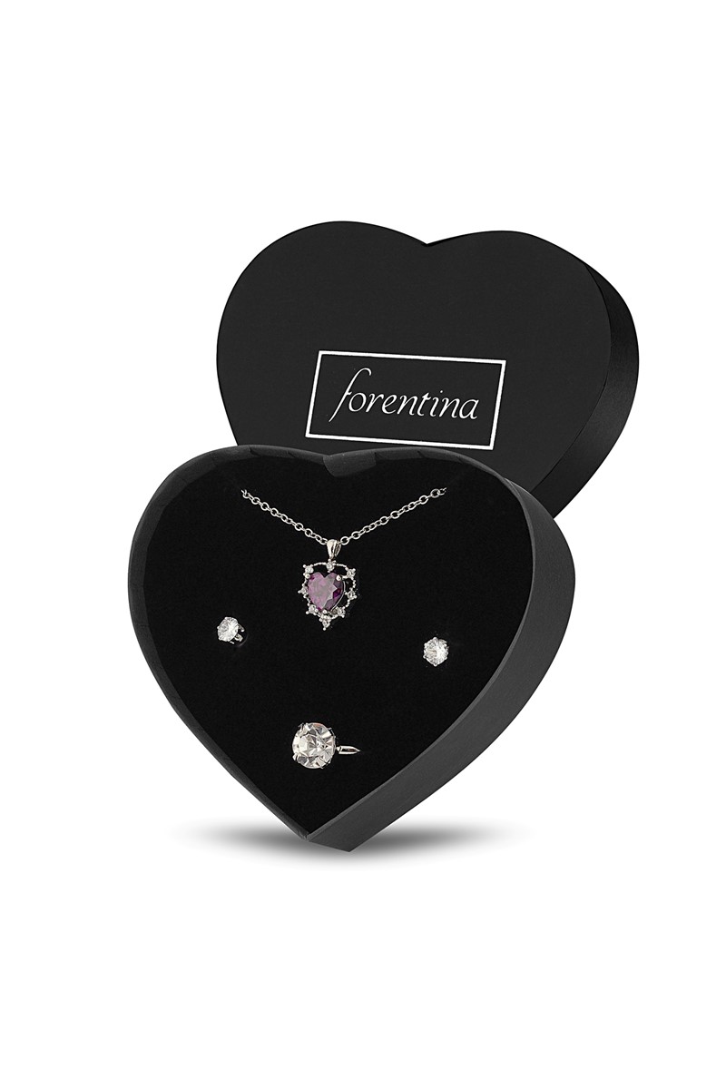 Forentina Zirkon Mor Taşlı Kolye Tektaş Küpe Yüzük Takı Seti PS2413