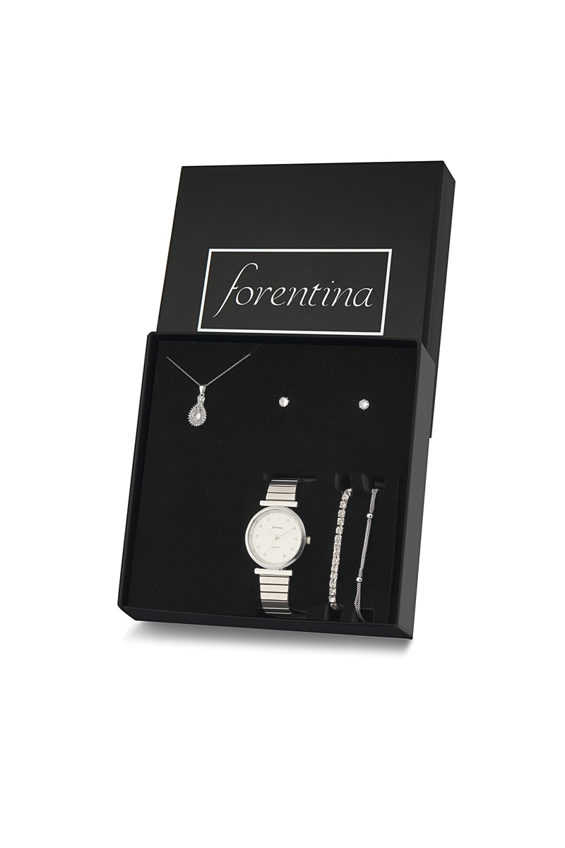 Forentina Zirkon Taşlı Kolye Küpe Bileklik Saat Hediye Set PS2419