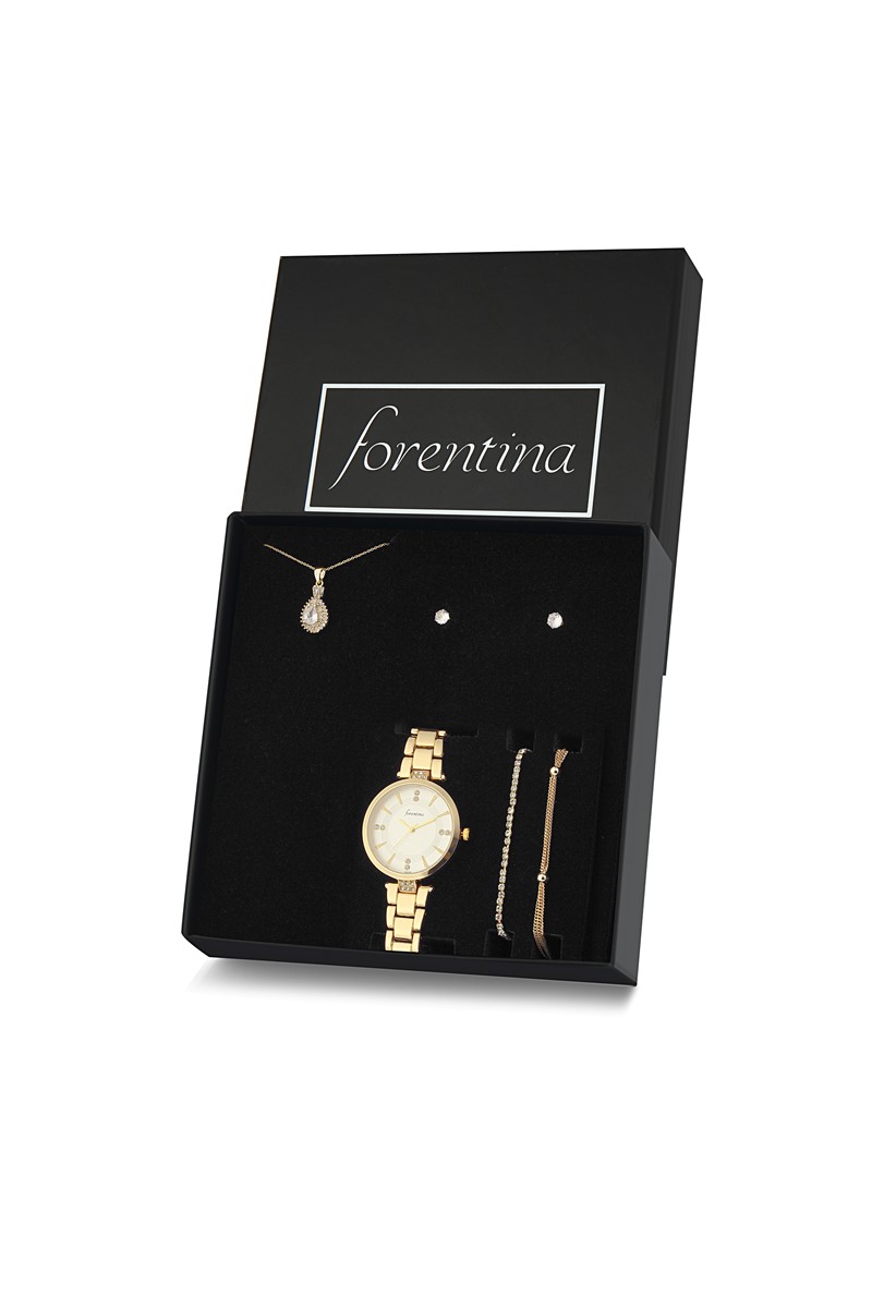 Forentina Altın Kaplama Zirkon Taşlı Kolye Küpe Bileklik Saat Hediye Set PS2420