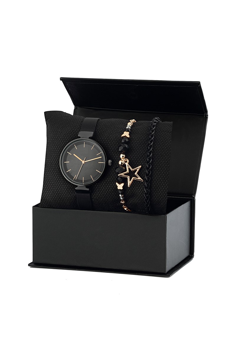 Forentina Siyah Hasır Bayan Kol Saati Şans Bilekliği Kombin Set PS2425