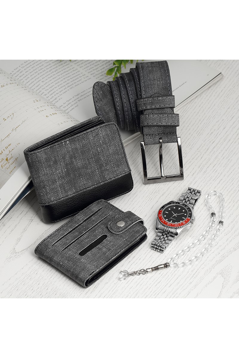 Forentina Erkek Gri Kemer Cüzdan Kartvizit Tesbih Saat Hediye Set PS2432