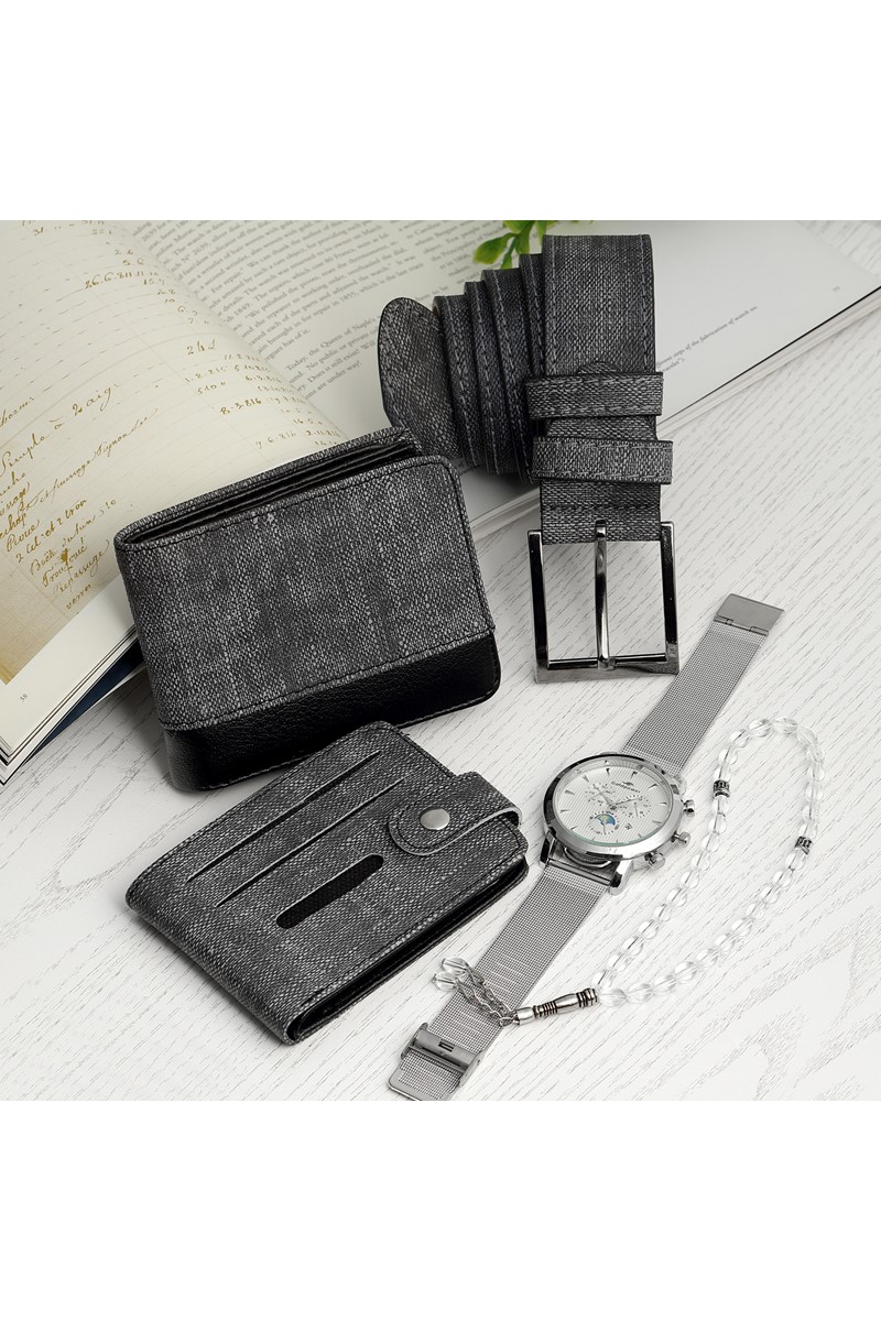 Forentina Erkek Gri Kemer Cüzdan Kartvizit Tesbih Saat Hediye Set PS2434