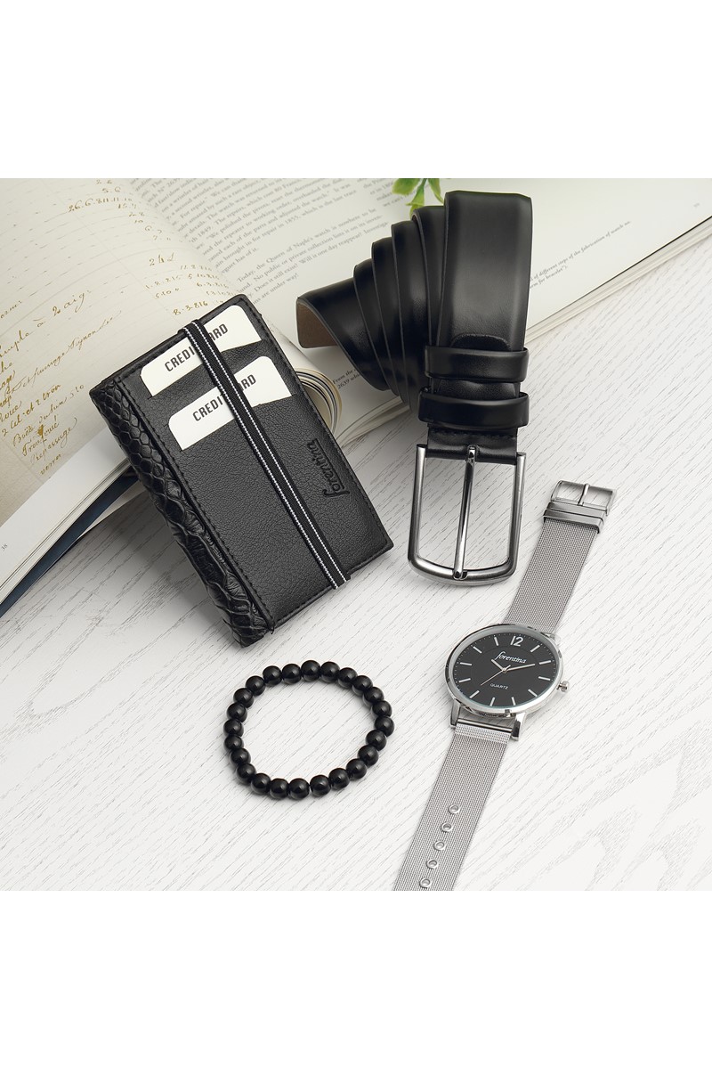 Forentina Erkek Siyah Kemer Cüzdan Bileklik  Saat Hediye Set PS2435