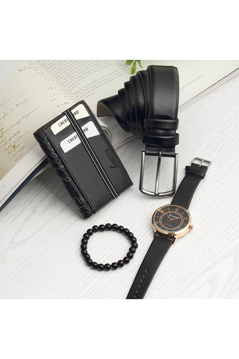 Forentina Erkek Siyah Kemer Cüzdan Bileklik Saat Hediye Set PS2436