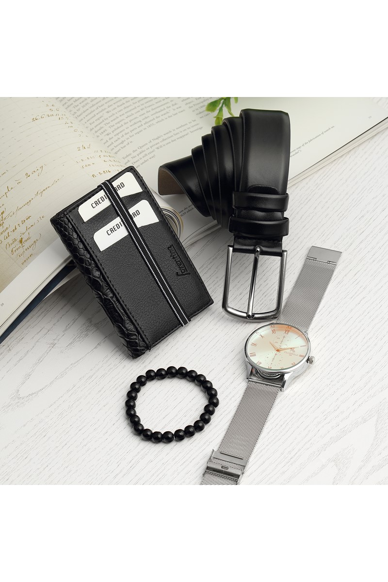 Forentina  Erkek Siyah Kemer Cüzdan Bileklik Saat Hediye Set PS2437