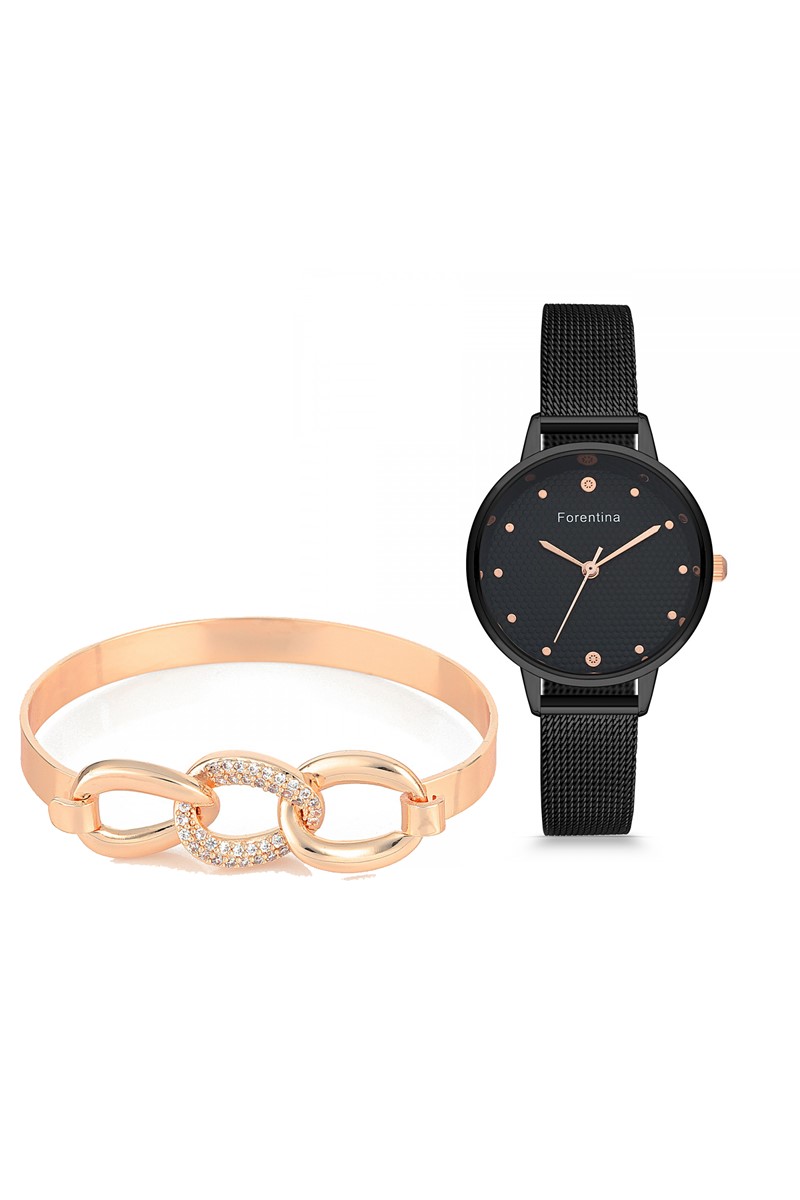Forentina Bayan Siyah Hasır Kol Saati Bileklik Kombin  PS2444