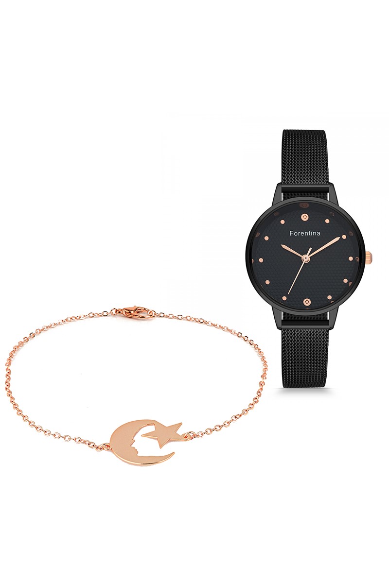 Forentina Bayan Siyah Hasır Kol Saati Bileklik Kombin Set PS2445