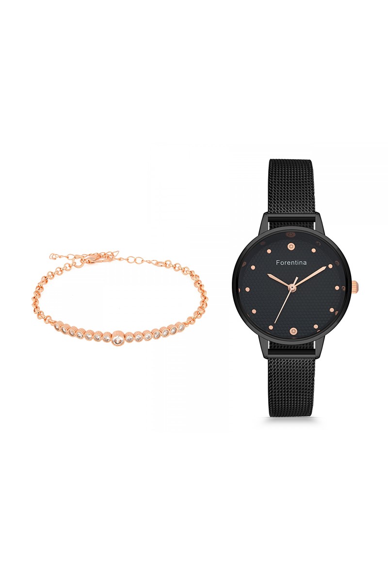 Forentina Bayan Siyah Hasır Kol Saati Bileklik Kombin Set PS2446