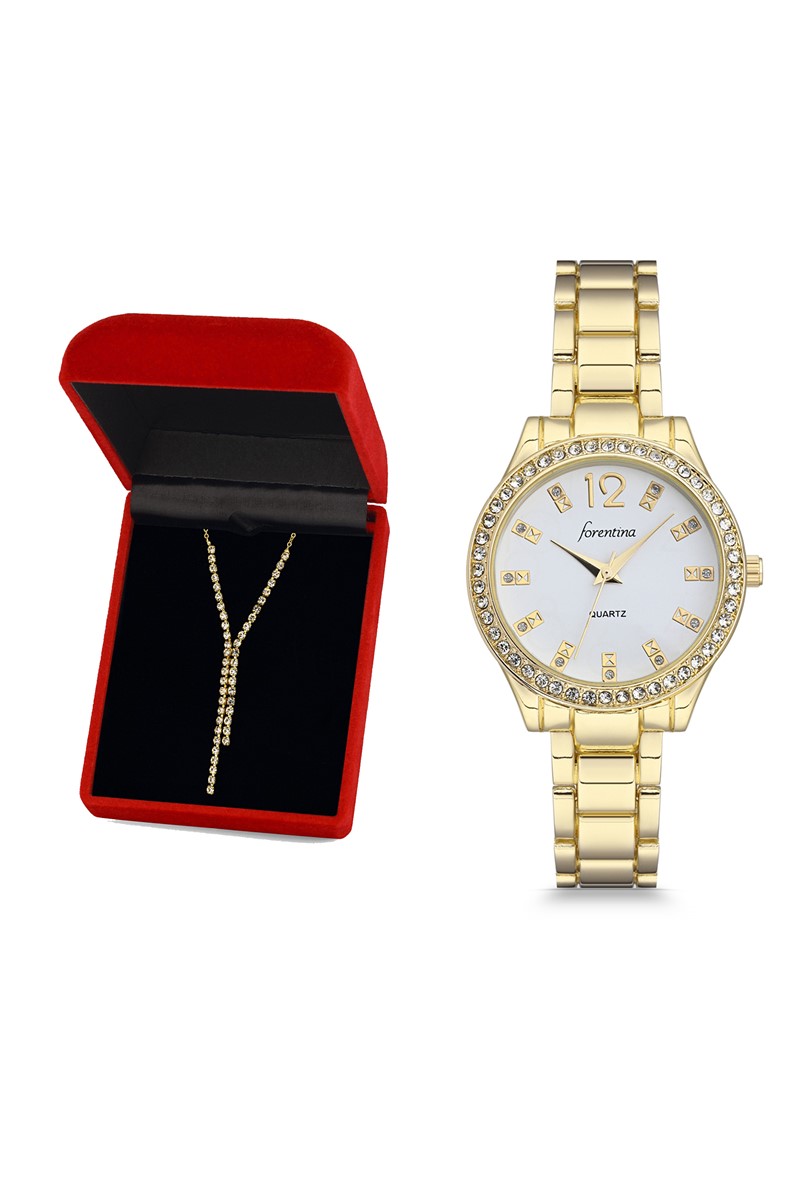 Forentina Bayan Sarı Metal Kol Saati Su Yolu Kolye Kombin Set PS2447