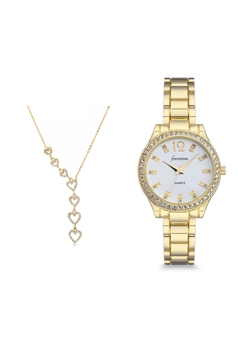 Forentina Bayan Sarı Metal Kol Saati Kalpli Kolye Kombin Set PS2448