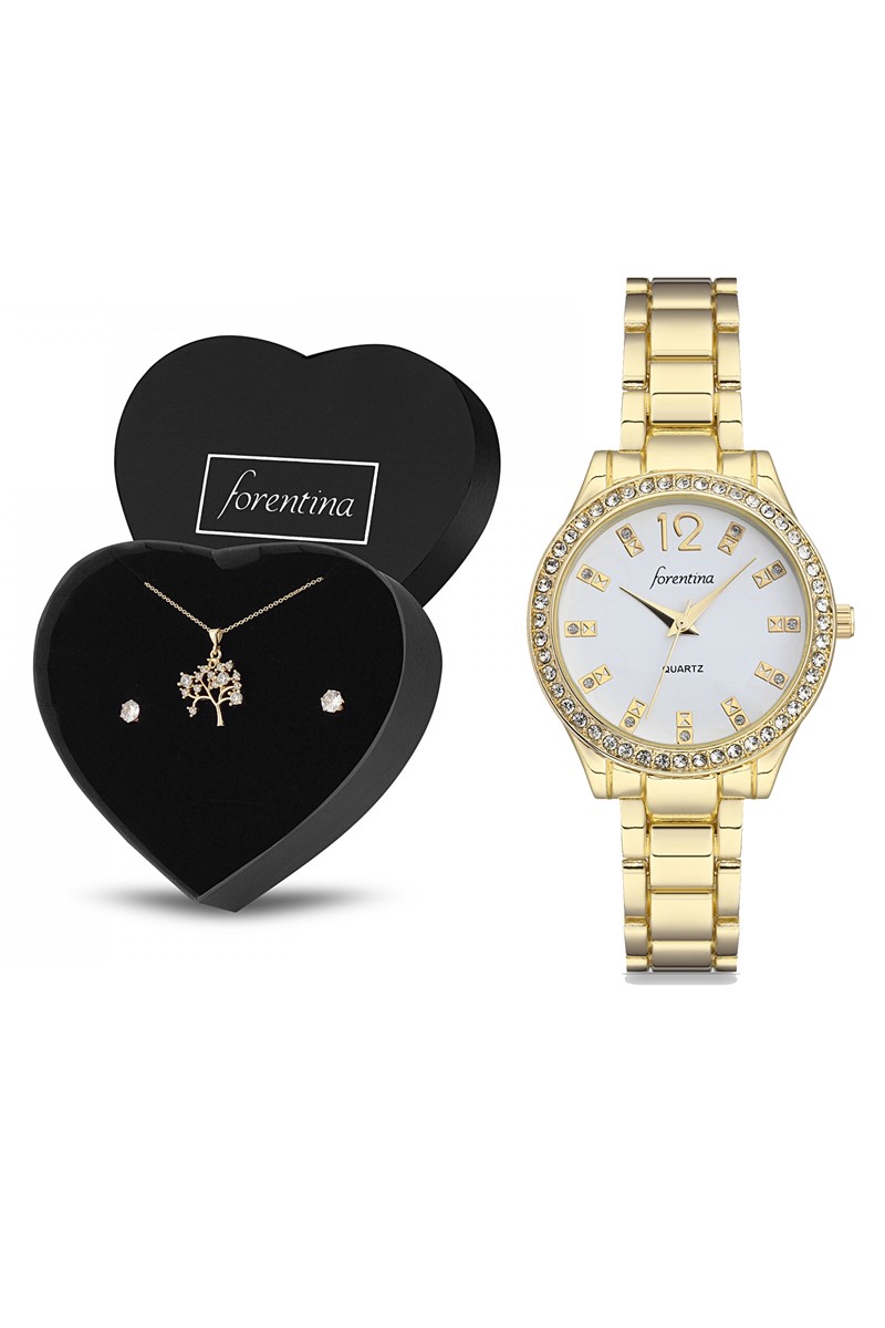 Forentina Bayan Sarı Metal Kol Saati - Hayat Ağacı Kolye Küpe Kombin Set PS2449