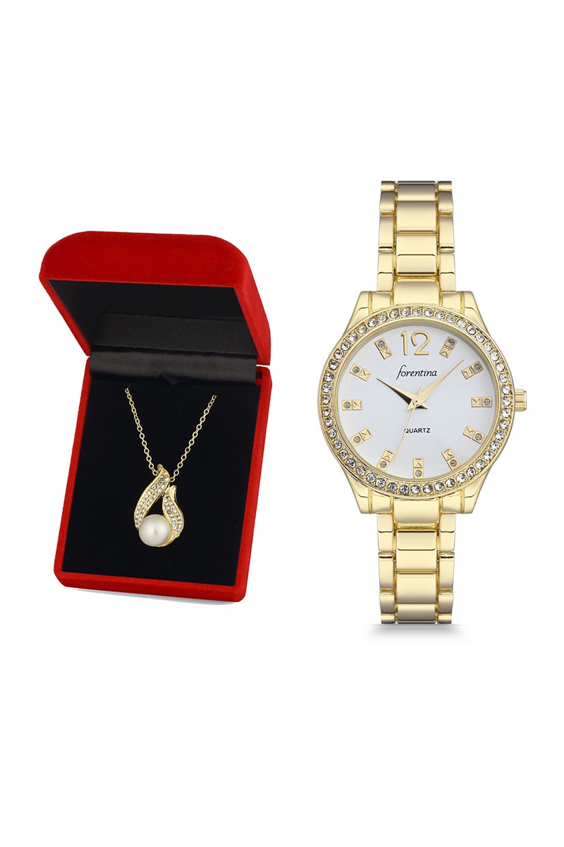 Forentina Bayan Sarı Metal Kol Saati İnci Kolye Kombin Set PS2450
