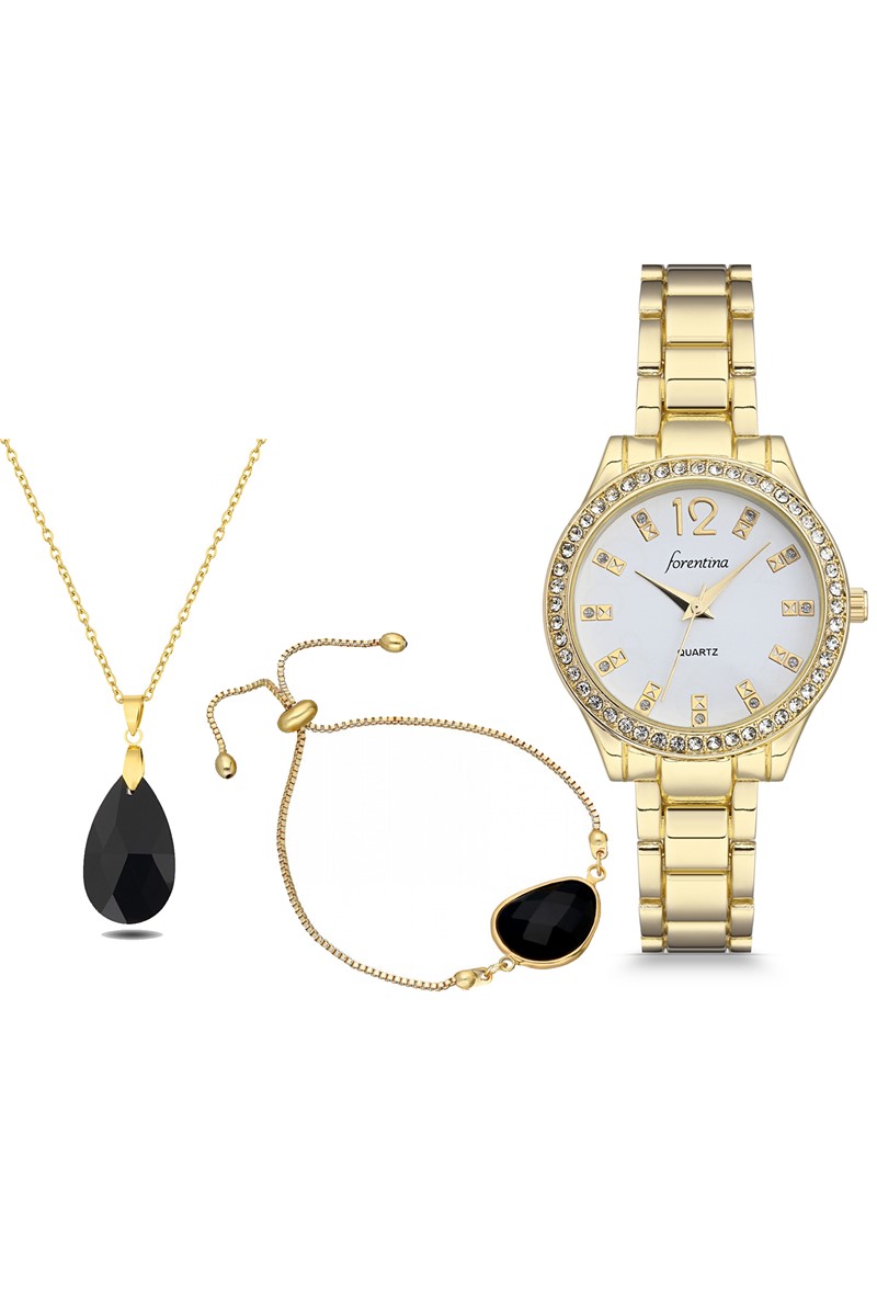 Forentina Bayan Sarı Metal Kol Saati - Siyah Taşlı Kolye Bileklik Kombin Set PS2451