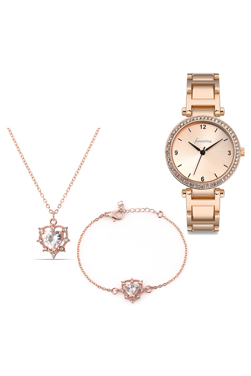 Forentina Bayan Rose Metal Kol Saati - Kalpli Kolye Bileklik Kombin Set PS2452