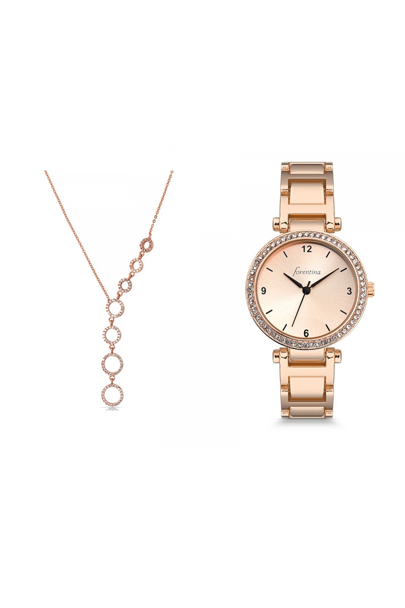 Forentina Bayan Rose Metal Kol Saati - Yuvarlak Kolye Kombin Set PS2453