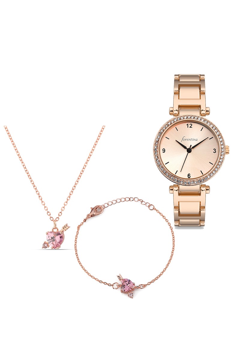 Forentina Bayan Rose Metal Kol Saati - Kalpli Kolye Bileklik Kombin Set PS2456