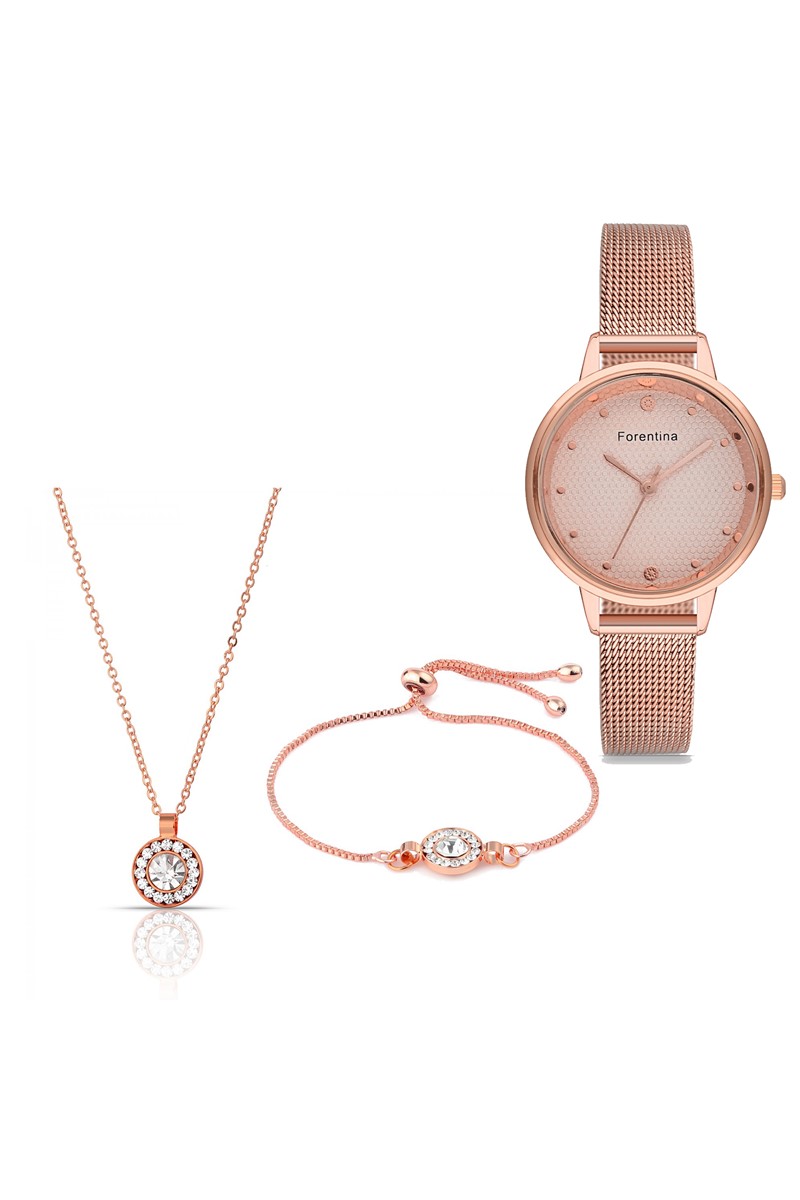 Forentina Bayan Rose Hasır Kol Saati Kolye Bileklik Kombin Set PS2459