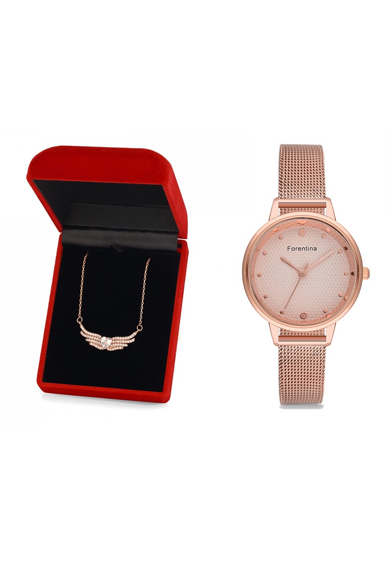 Forentina Bayan Rose Hasır Kol Saati - Melek Kanadı Kolye Kombin Set PS2461