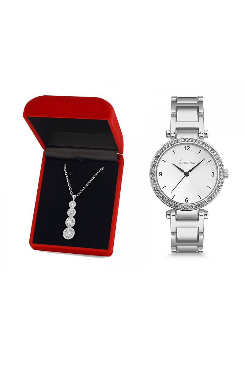 Forentina Bayan Beyaz Metal Kol Saati Tria Kolye Kombin Set PS2462