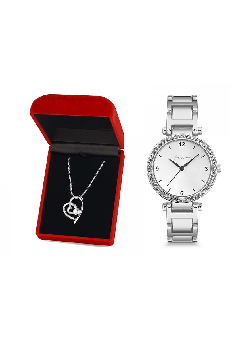 Forentina Bayan Beyaz Metal Kol Saati Kalpli Kolye Kombin Set PS2463