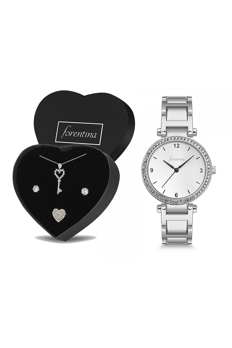 Forentina Bayan Beyaz Metal Kol Saati - Anahtar Kolye Küpe Yüzük Takı Seti Kombin PS2464