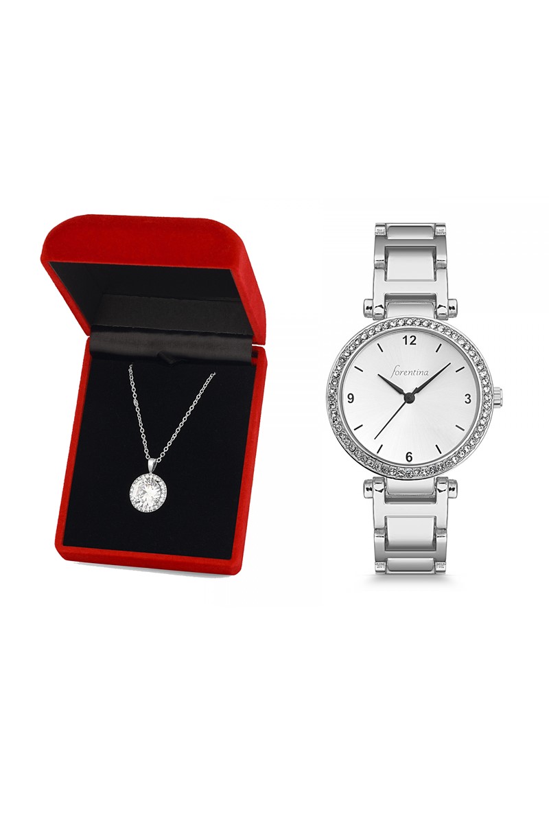 Forentina Bayan Beyaz Metal Kol Saati Zirkon Taşlı Kolye Kombin Set PS2466
