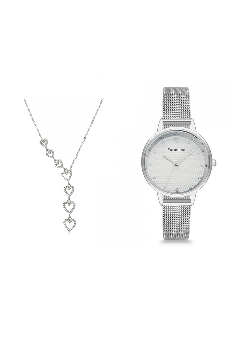 Forentina Bayan Beyaz Hasır Kol Saati Kalpli Kolye Kombin Set PS2467