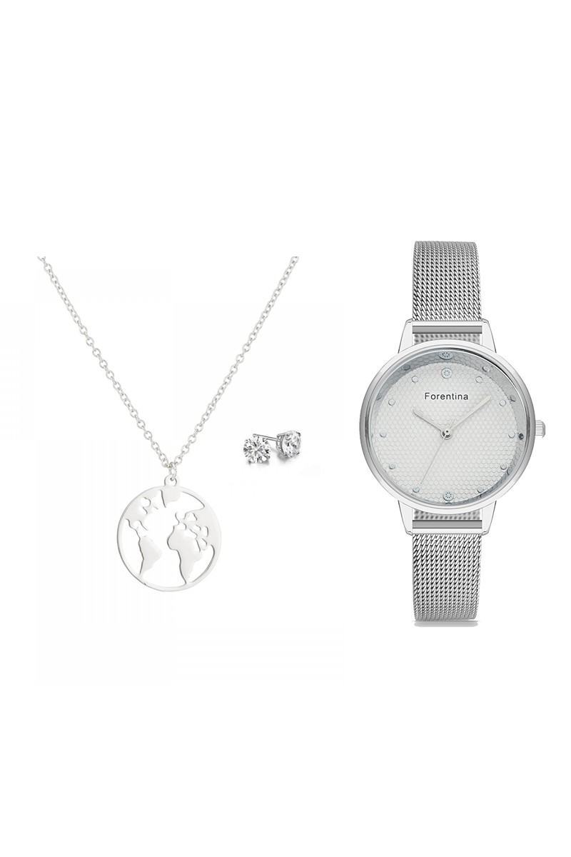 Forentina Bayan Beyaz Hasır Kol Saati Dünya Kolye Küpe Kombin Set PS2469