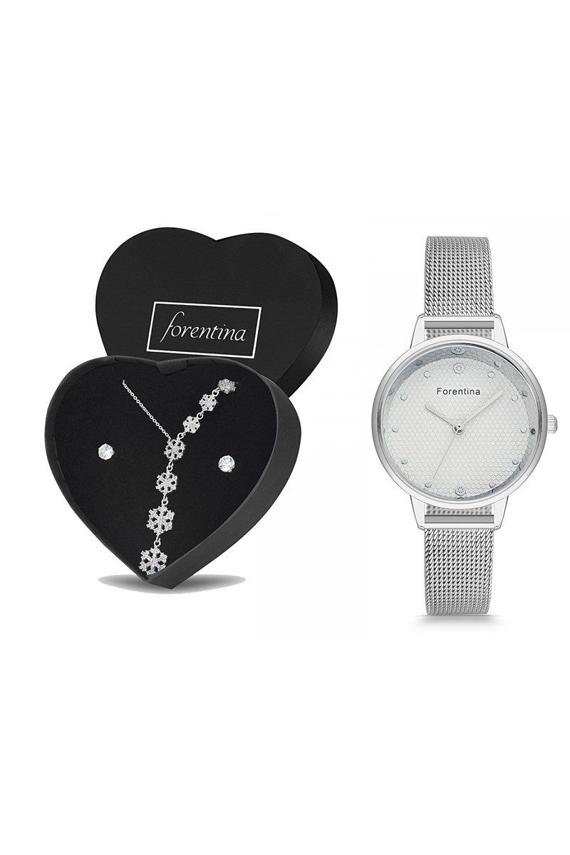 Forentina Bayan Beyaz Hasır Kol Saati Kartanesi Kolye Küpe Kombin Set PS2470
