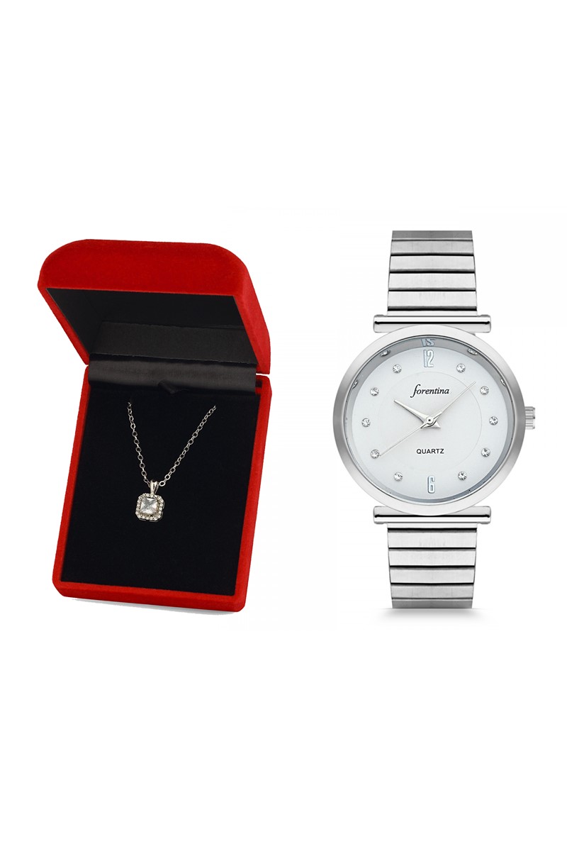 Forentina Bayan Gri Metal Kol Saati Tektaş Kolye Kombin Set PS2472
