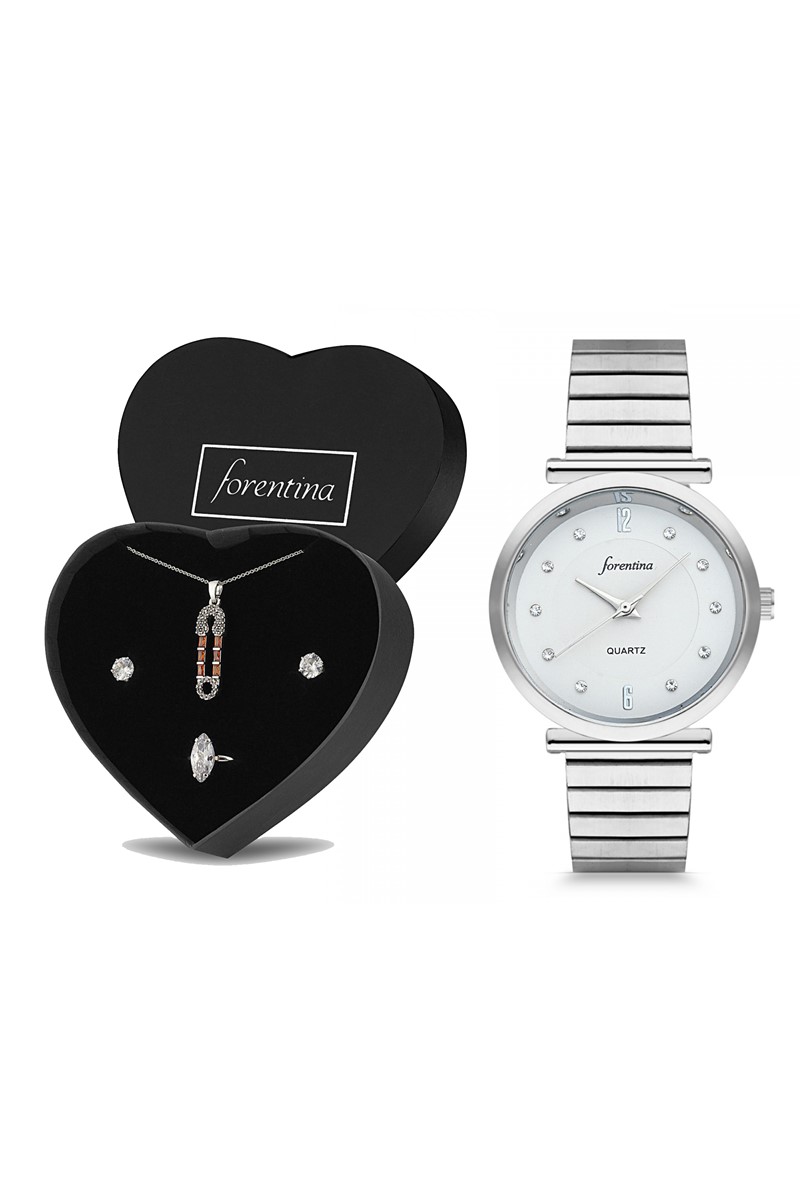 Forentina Bayan Gri Metal Kol Saati Zirkon Taşlı Tasarım Takı Seti Kombin PS2473