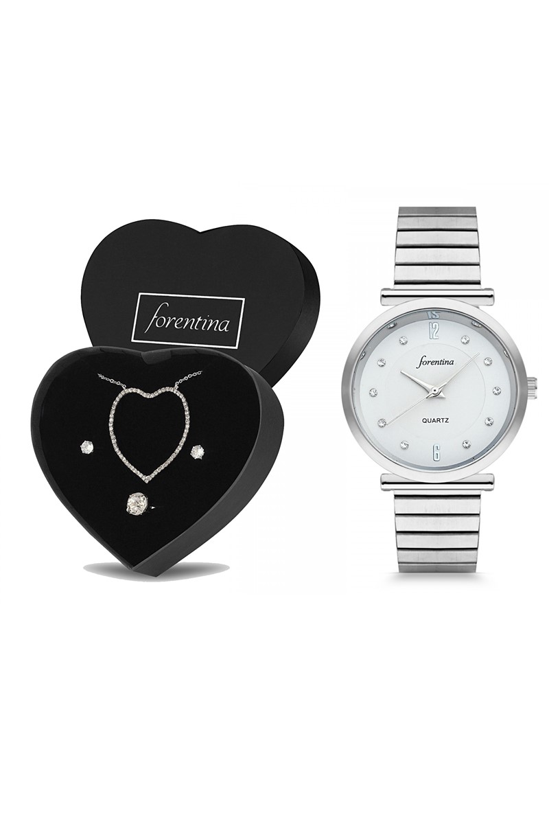 Forentina Bayan Gri Metal Kol Saati Kalpli Takı Seti Kombin PS2475