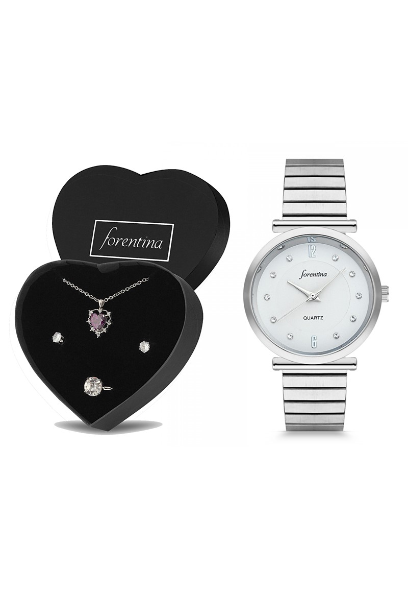 Forentina Bayan Gri Metal Kol Saati Mor Taşlı Takı Seti Kombin PS2476