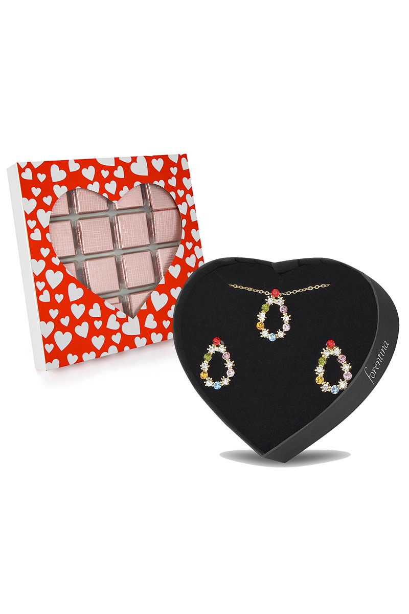 Forentina Altın Kaplama Renkli Taşlı Kolye Küpe - Çikolata Hediye Set PS2477