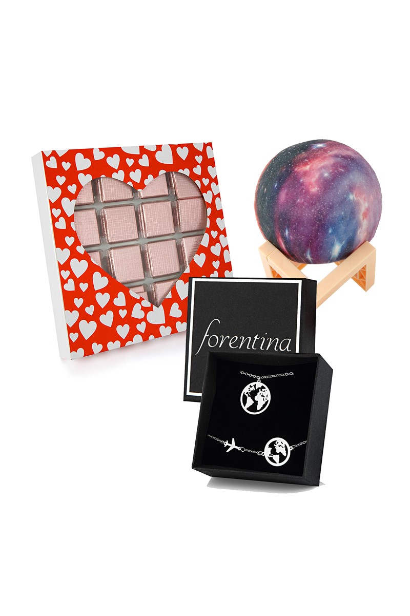 Forentina Gümüş Kaplama Dünya Kolye Bileklik -Dünya Led Lamba - Çikolata Hediye Set PS2478