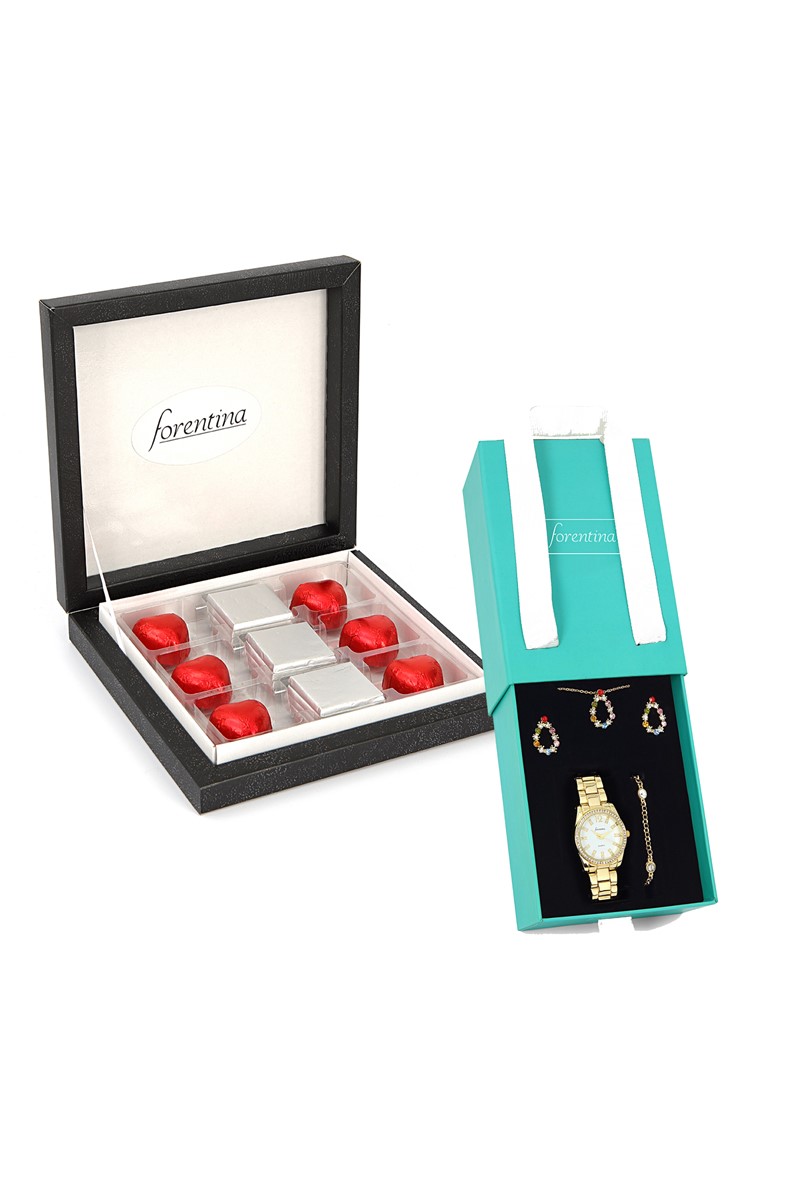 Forentina Altın Kaplama Renkli Taşlı Takı Seti- Çikolata Hediye Set PS2481