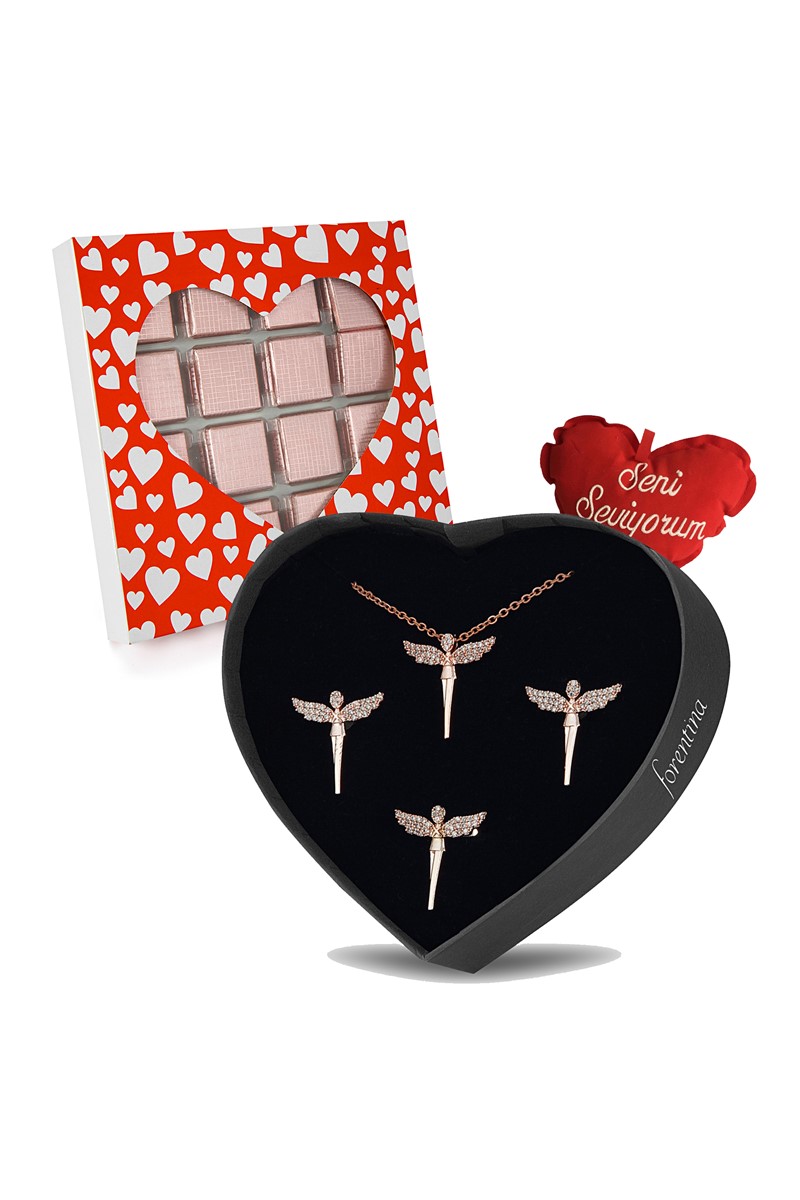 Forentina Rose Melek Kolye Küpe Yüzük - Kalpli Yastık Çikolata Set PS2482