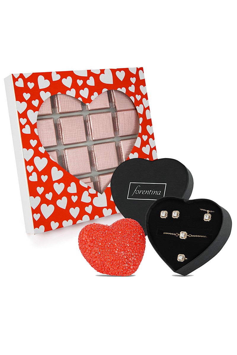 Forentina Altın Kaplama Tektaş Kolye Küpe Bileklik Yüzük-Kalpli Led Lamba Çikolata Hediye Set PS2483