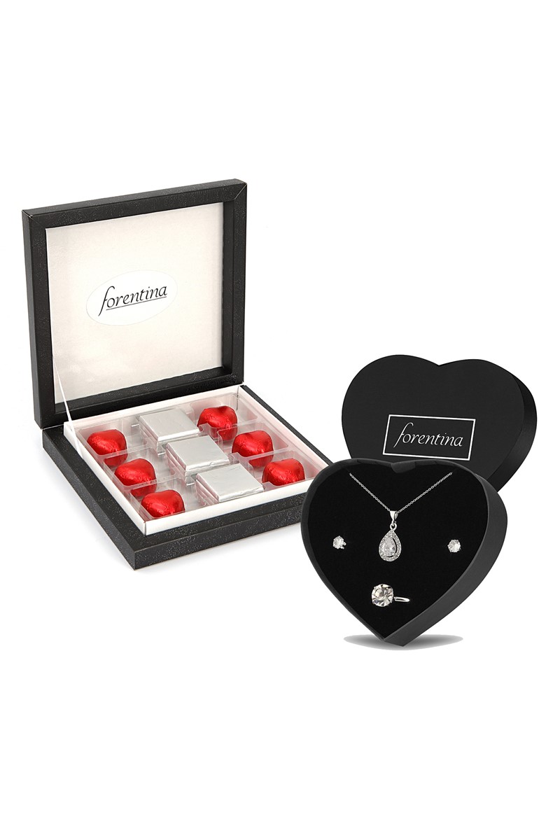 Forentina Zirkon Taşlı Kolye Küpe Yüzük - Çikolata Hediye Set PS2484