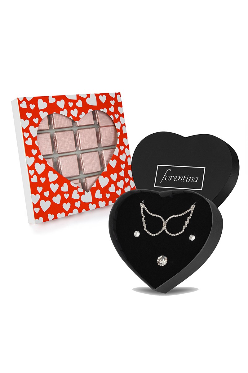 Forentina Gümüş Kaplama Melek Kanadı Kolye Küpe Yüzük - Çikolata Hediye Set PS2486