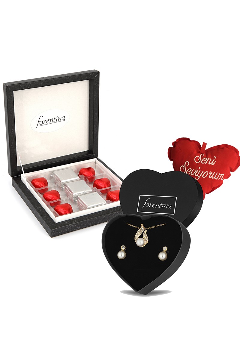 Forentina Altın Kaplama İnci Kolye Küpe - Kalpli Yastık Çikolata Hediye Set PS2487