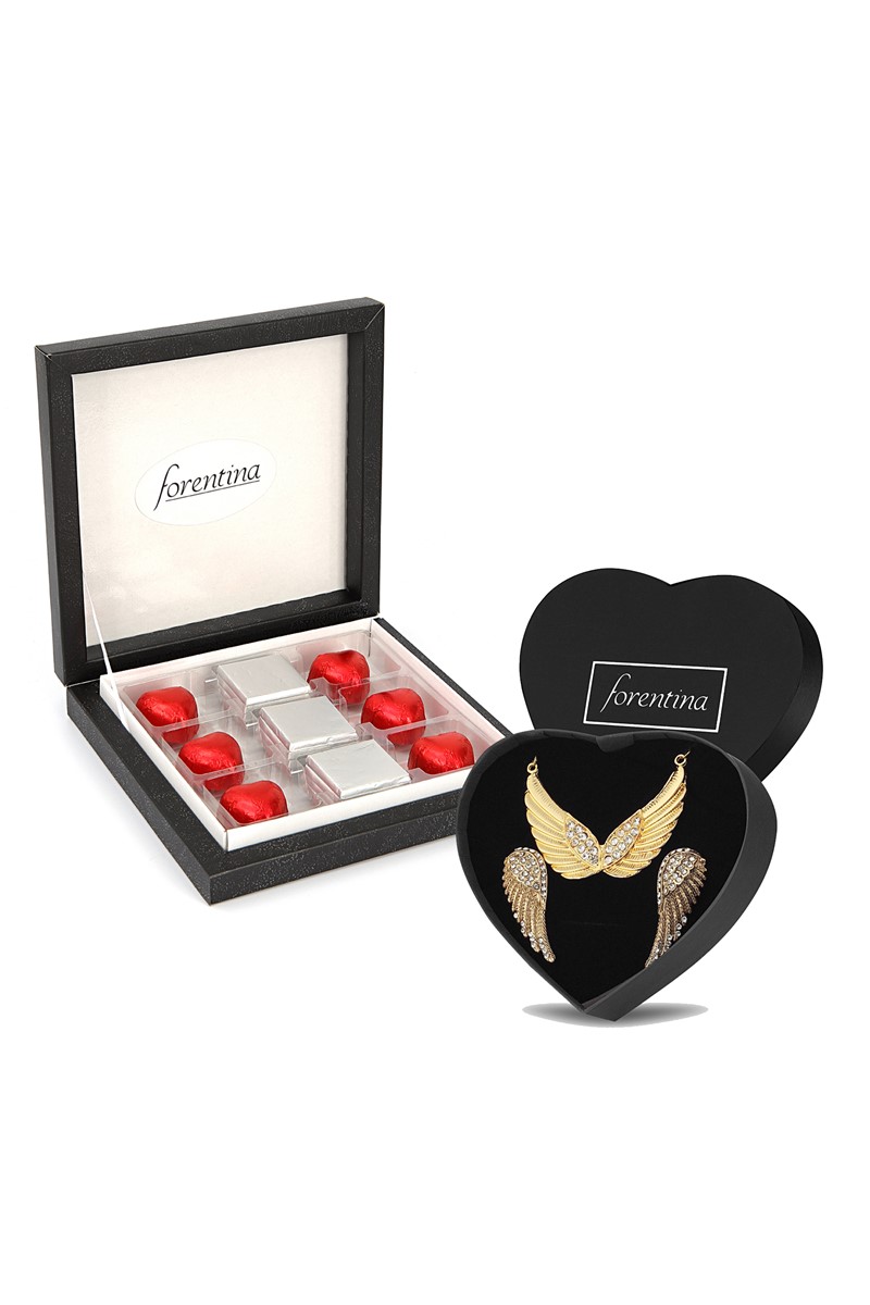 Forentina Altın Kaplama Melek Kanadı Kolye Küpe - Çikolata Hediye Set PS2489