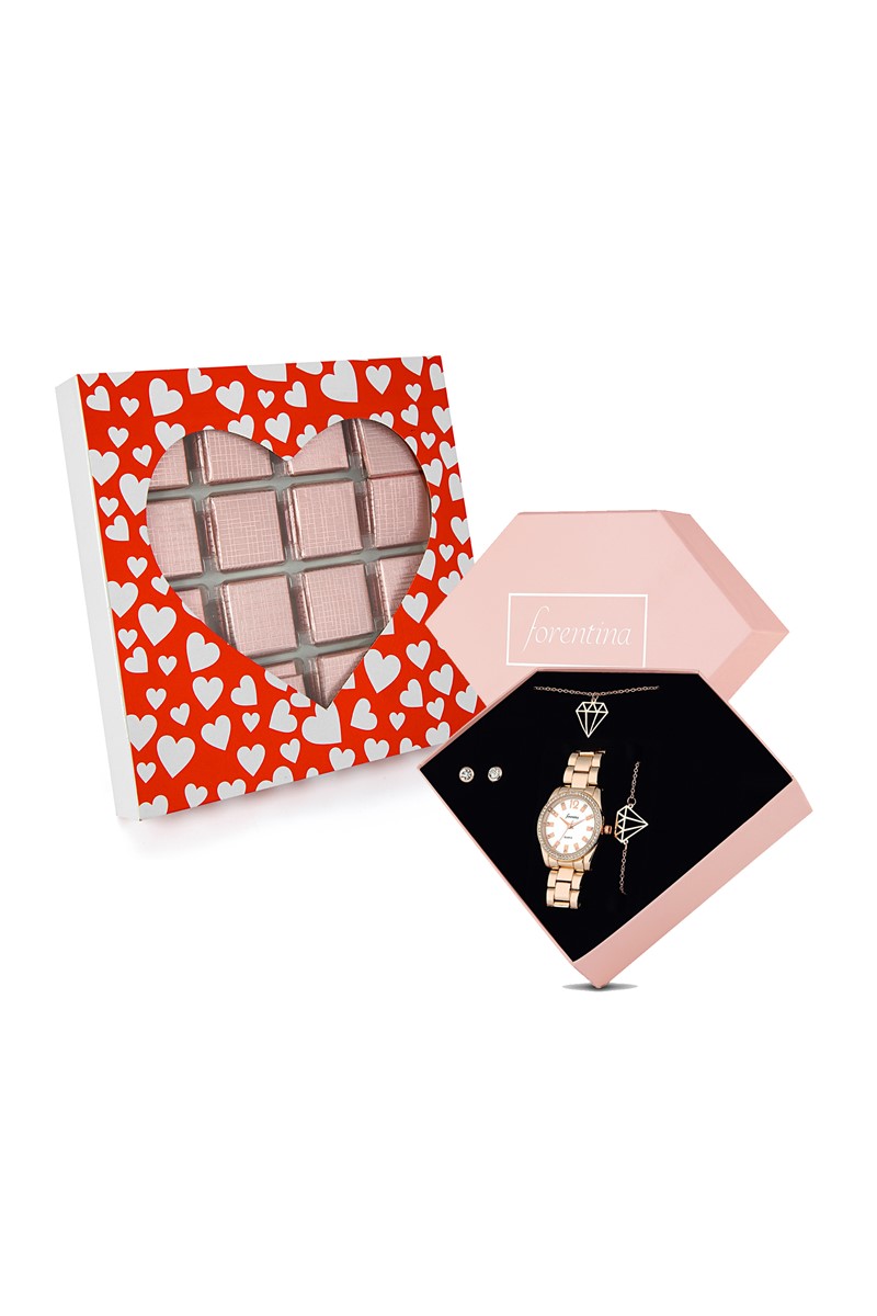 Forentina Rose Elmas Modeli Kolye Küpe Bileklik Saat - Çikolata Hediye Set PS2491