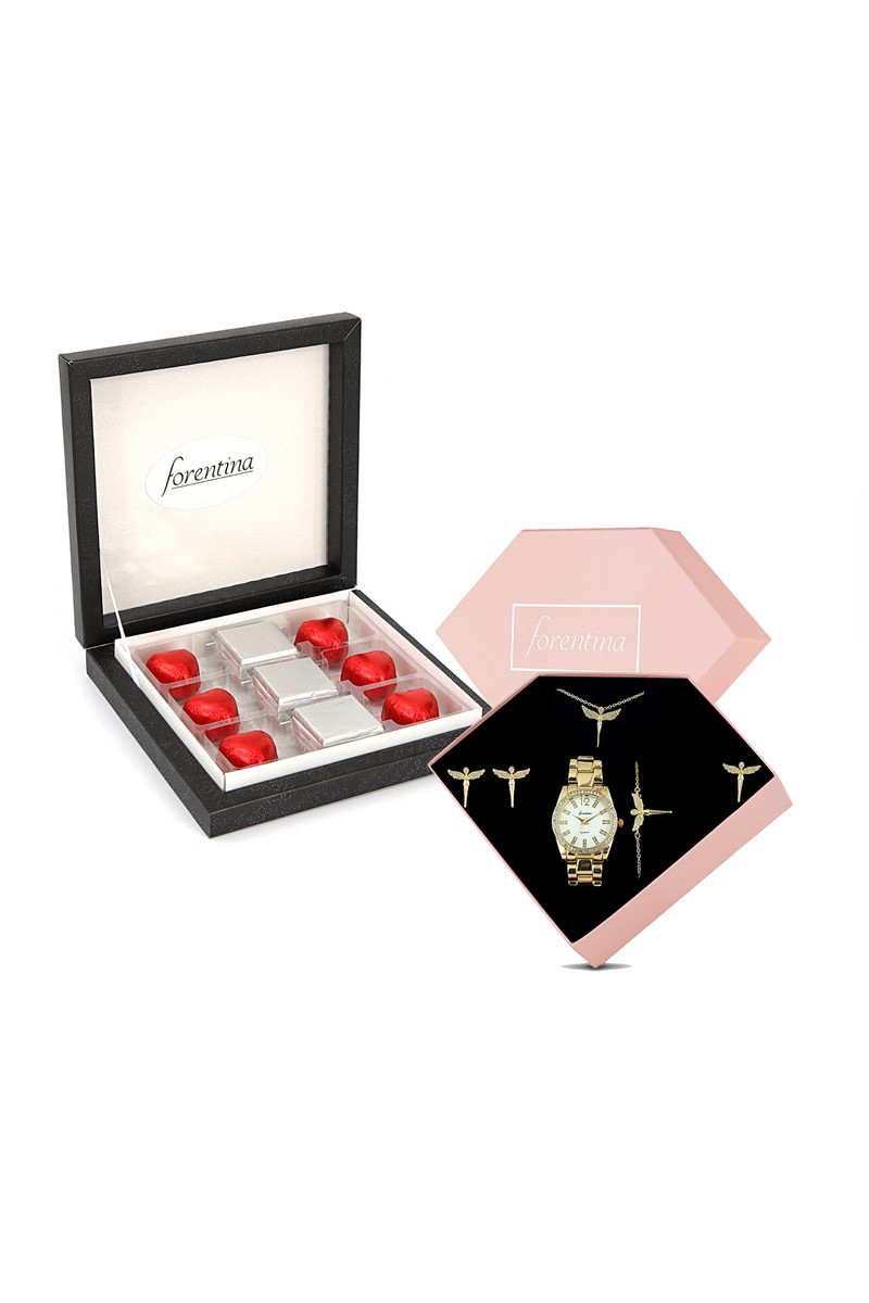 Forentina Altın Kaplama Melek Kolye Küpe Bileklik Yüzük Saat-Çikolata Hediye Set PS2493