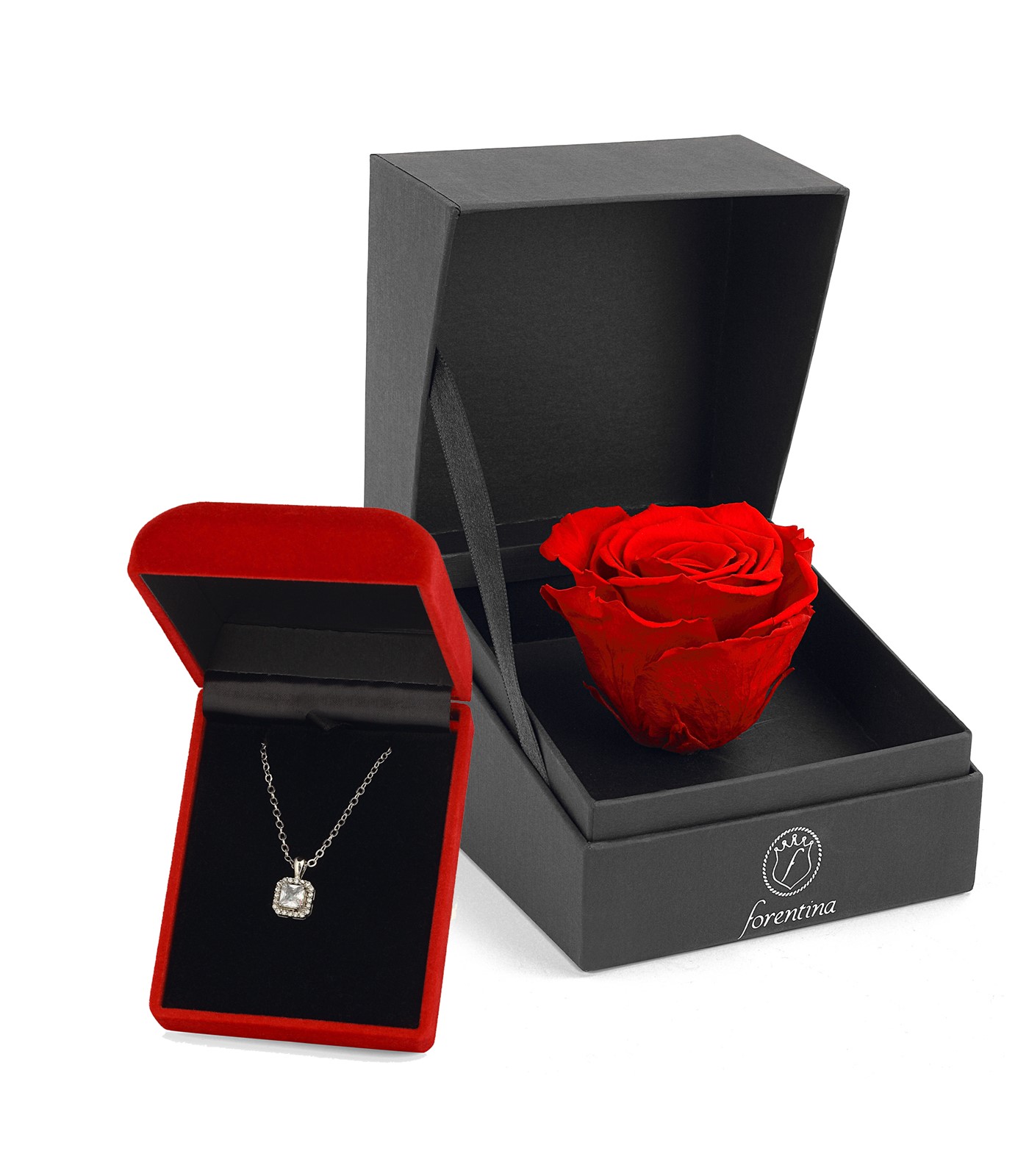 Forentina Gümüş Kaplama Tektaş Kolye - Kırmızı Solmayan Gül Hediye Set PS2534