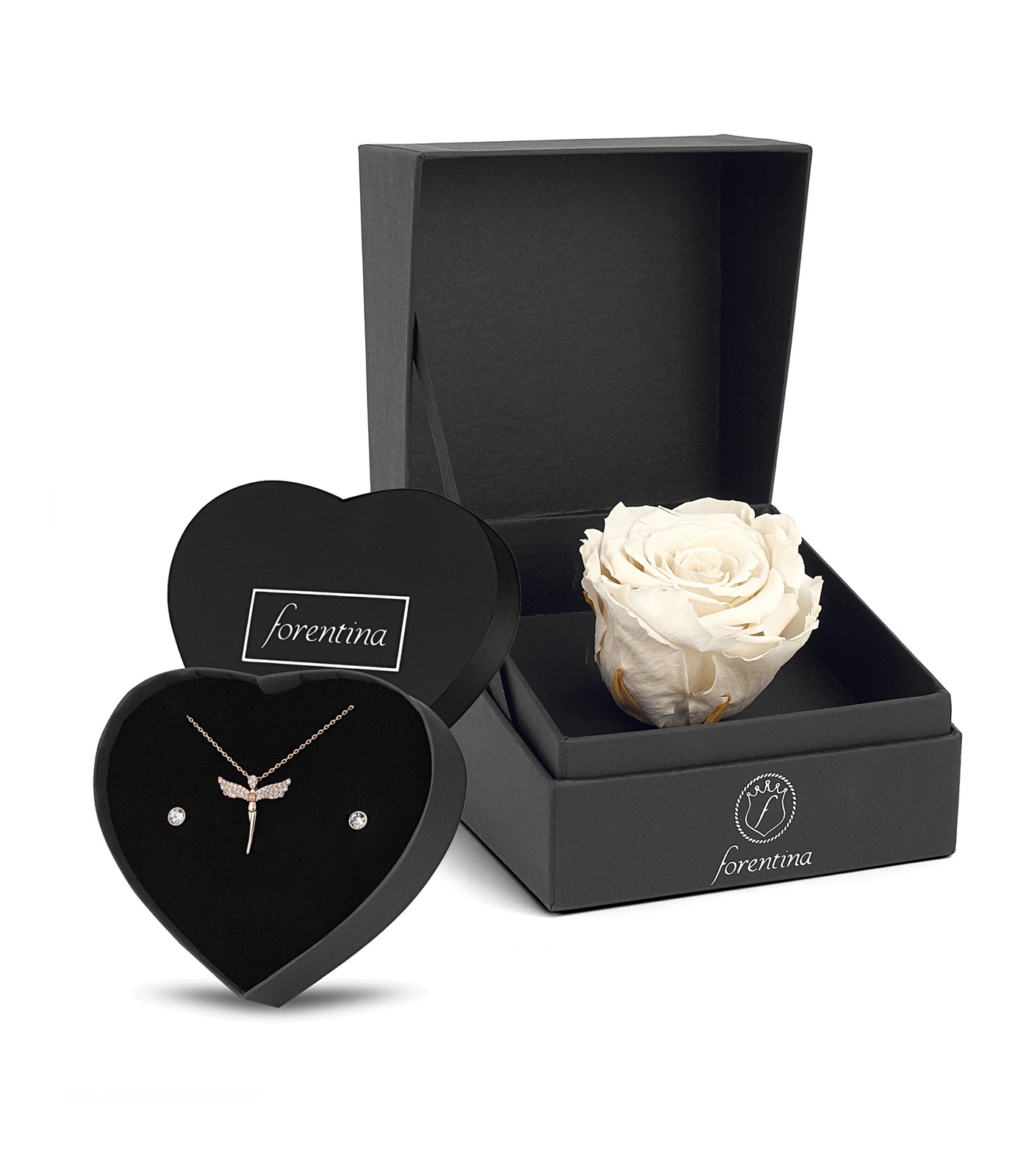 Forentina Rose Melek Kolye Küpe Set - Beyaz Solmayan Gül Hediye Set PS2540