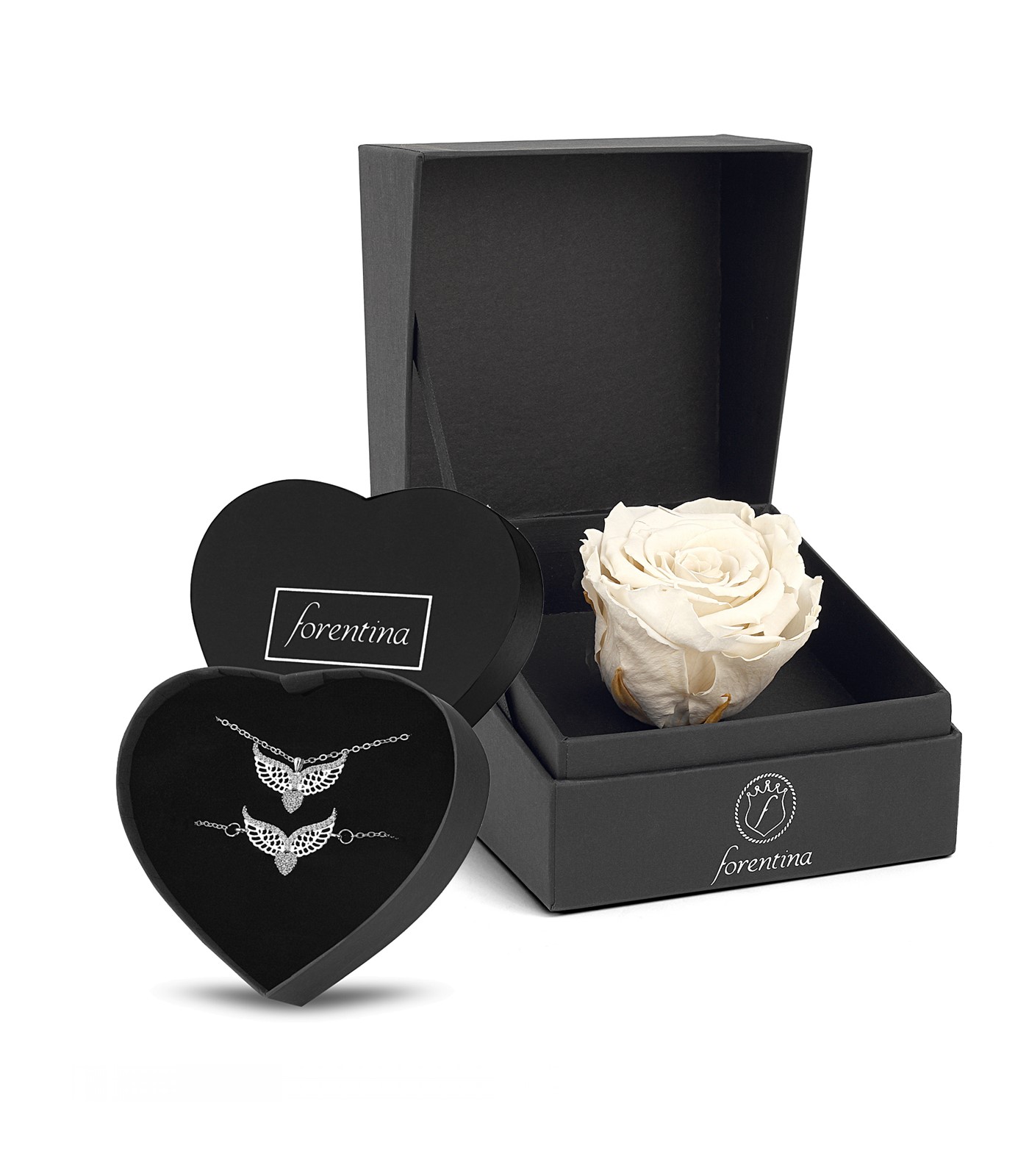 Forentina Melek Kanadı Kolye Bileklik - Beyaz Solmayan Gül Hediye Set PS2541