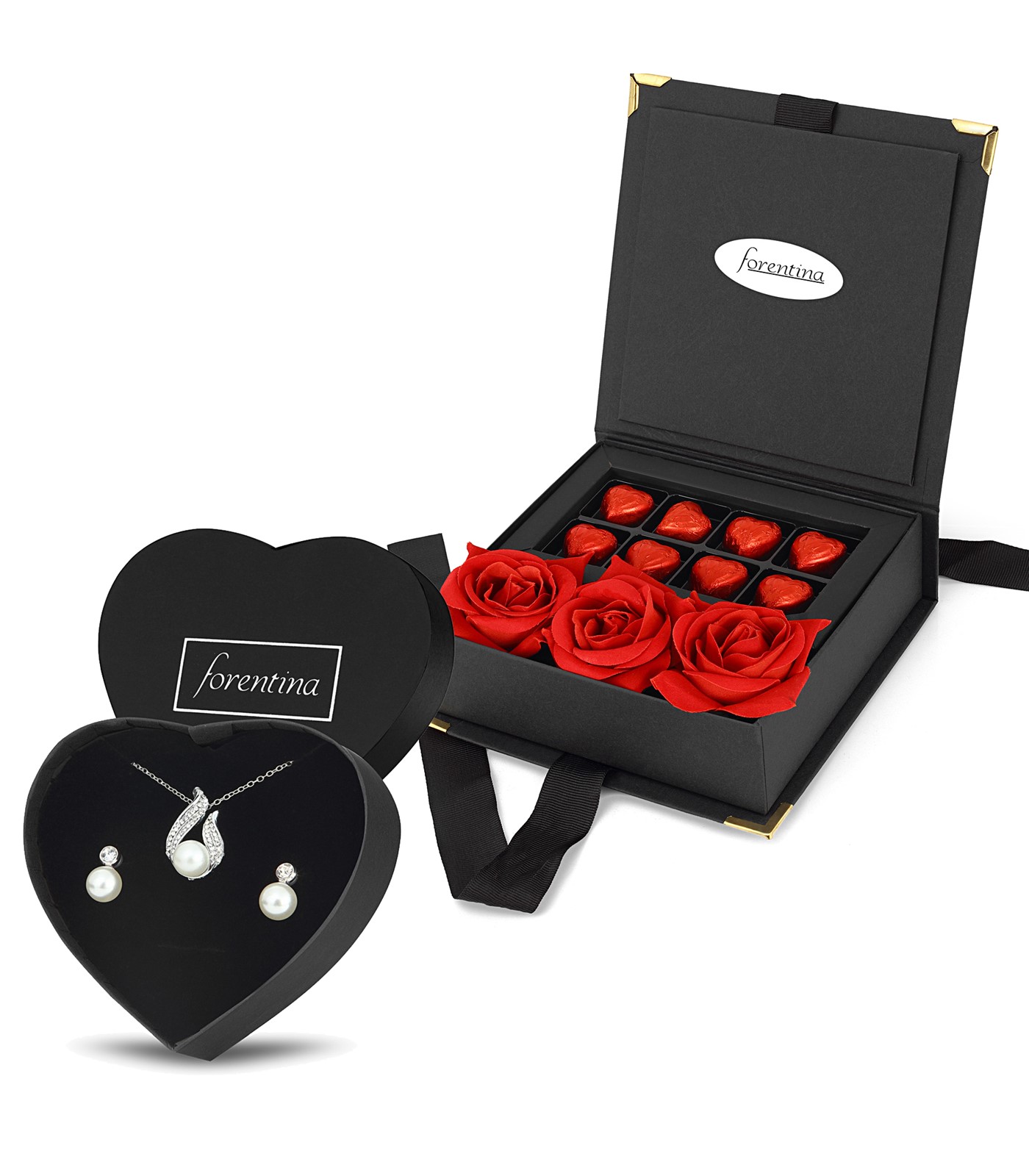 Forentina İnci Modeli Kolye Küpe - Çikolata & Kadife Kırmızı Gül Hediye Set PS2546