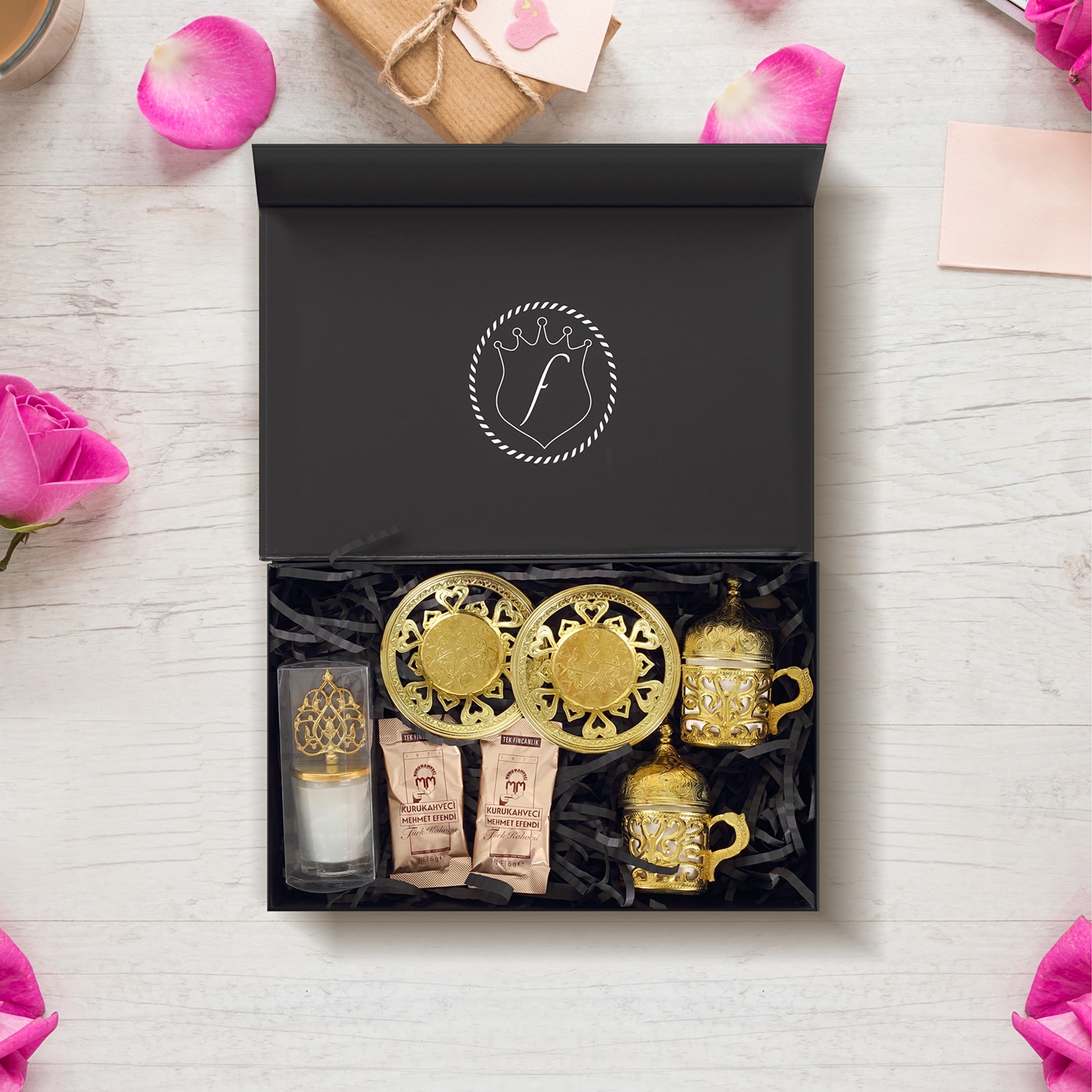 Forentina Sarı Antep İşlemeli Fincan Takımı - Türk Kahvesi - Mum Hediye Set PS2548